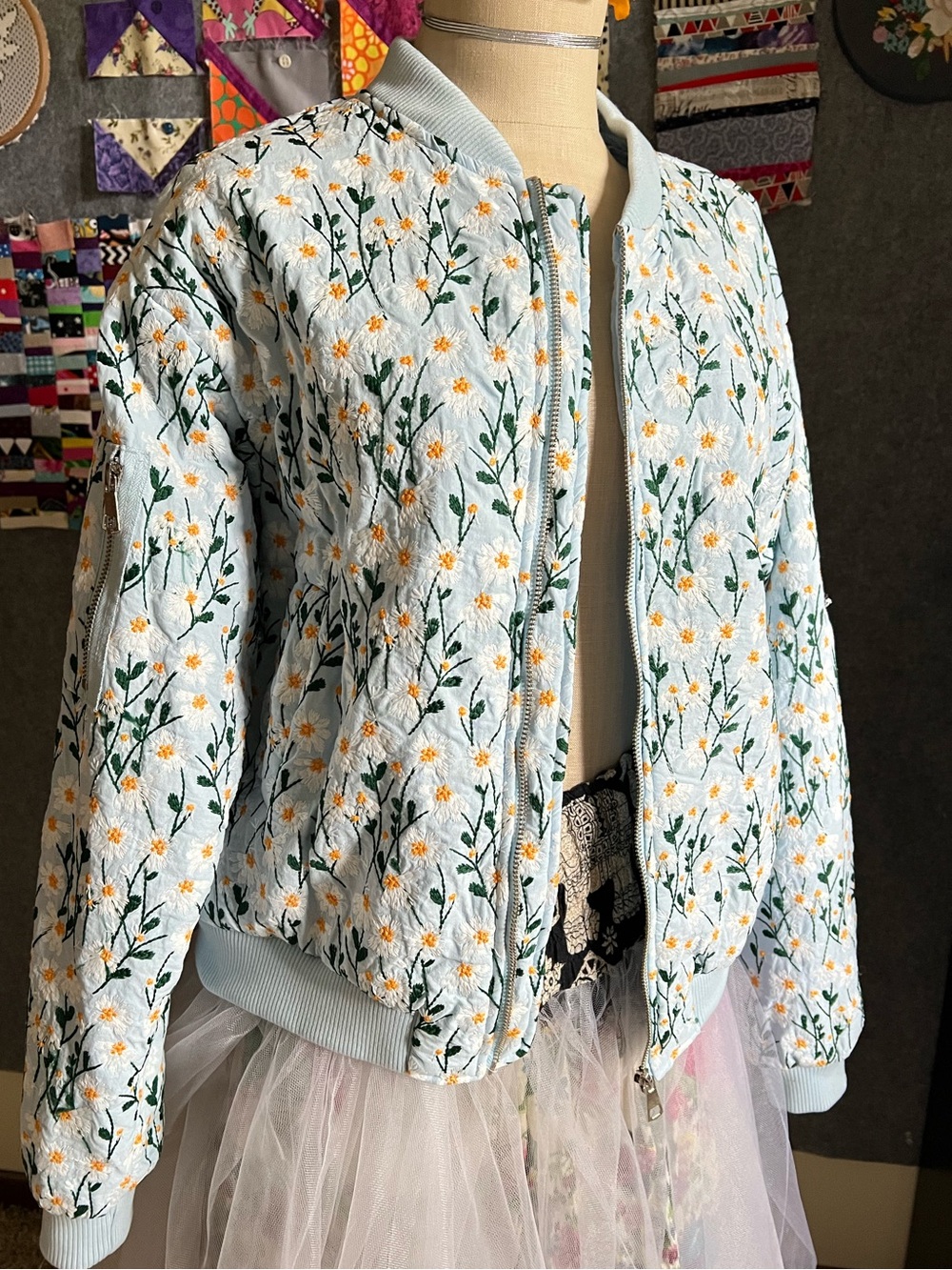 Embroidered Floral Quilted Bomber Jacket - Light Blue with Yellow Flowers